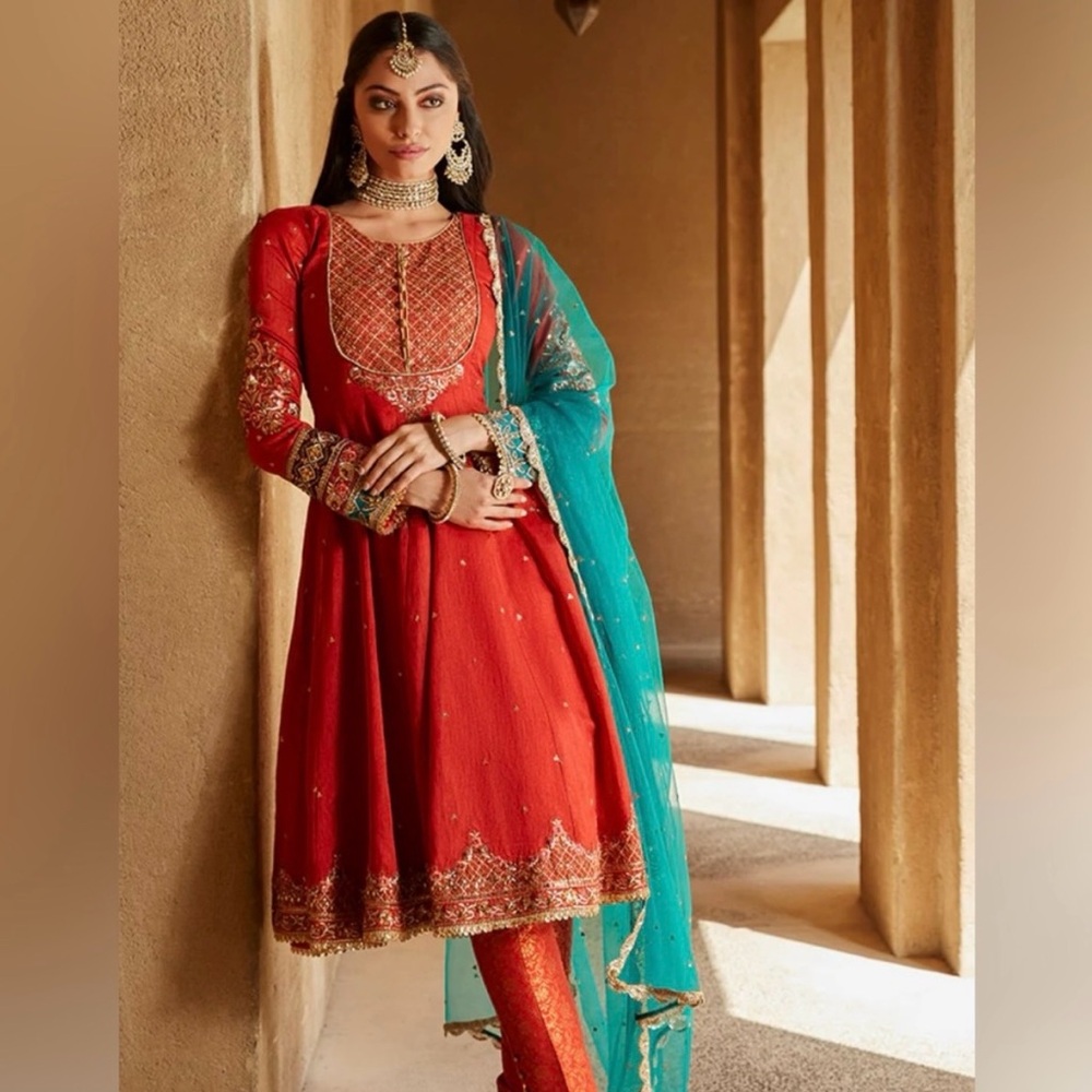 Elegant Burnt Orange and Teal Embroidered Anarkali Suit